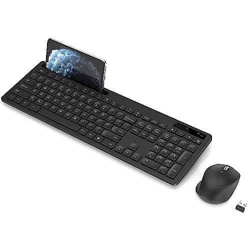 Wireless Keyboard and Mouse Set, 2.4GHz Full Size QWERTY UK Keyboard with Phone Holder, USB Wireless Keyboard Mouse for Windows PC, Laptop, Desktop, Computer, Black