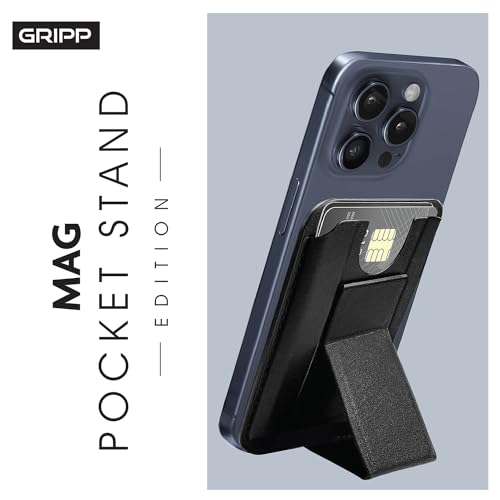 Image of GRIPP Mag Pocket Stand Wallet Card Holder Compatible with Mag-Safe for iPhone 17 /16 /15 /14 /13 /12 Series & All Mag-Safe Phone Cases, Built-in Stand, Premium Leather, Strong Magnetic Alignment - Black