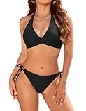 Nadeer Bikini Damen Set Push Up Bademode Zweiteiliger Sexy Knot V Ausschnitt Neckholder Low Waist mit Schnürung Badeanzug Swimsuit Sport(Schwarz,M)