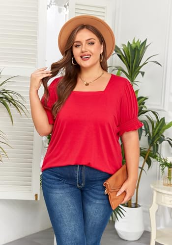 Women's Plus Size Tops Square Neck Blouses Short Sleeve T Shirts Casual Ruffle Trim Sleeve Tunic Tops2