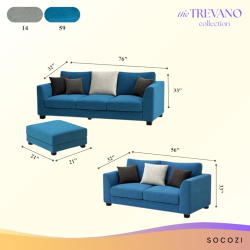 Image of SOCOZI Trevano 3+2 Seater Fabric Sofa Set with Ottoman | Soft Velvet Suede Upholstery | Modern Living Room Furniture (Aqua Blue-Light Grey)