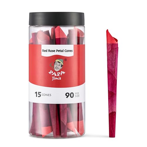 Papa Jims Pre-Rolled Red Rose Petal Cone Wraps | 90mm |15 Cones | Made from Natural Organic Red Rose Petals
