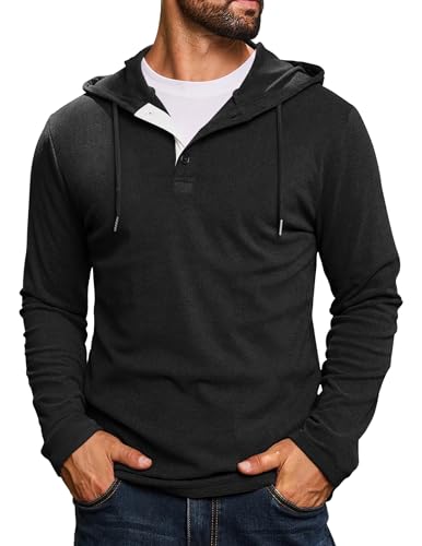 CTU Sudaderas con capucha de moda para hombre, casuales, con botones, tipo pullover, sudaderas con capucha, ligeras, camiseta de manga larga S-3XL, Negro, XL