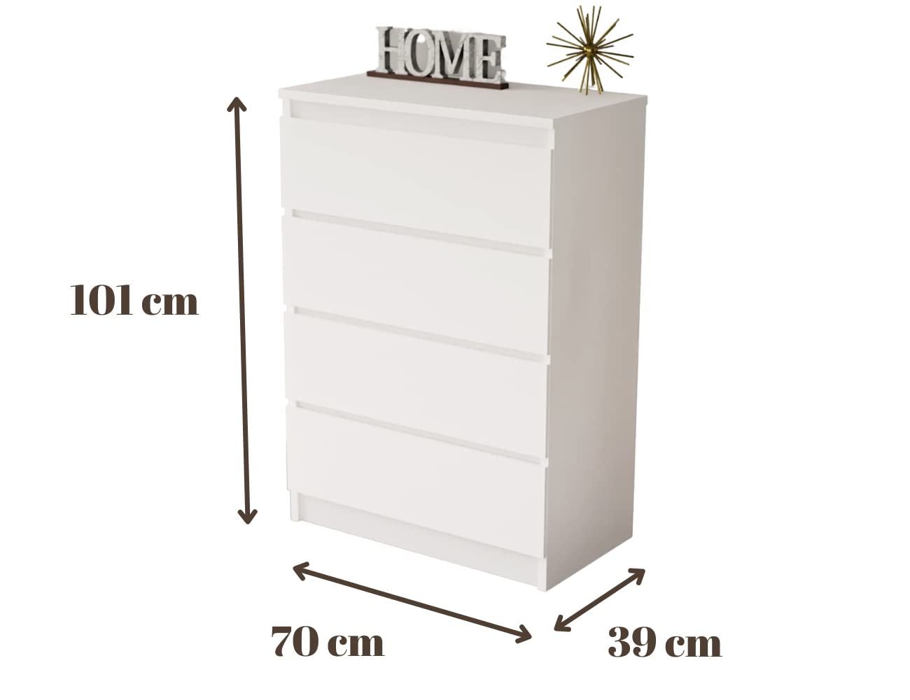 3E 3xE living.com Elegante e spaziosa cassettiera Demii 4 cassetti 102cm, colore bianco, perfetta per il soggiorno, l'ufficio, la camera da letto, dimensioni: 70 x 39 x 101 cm
