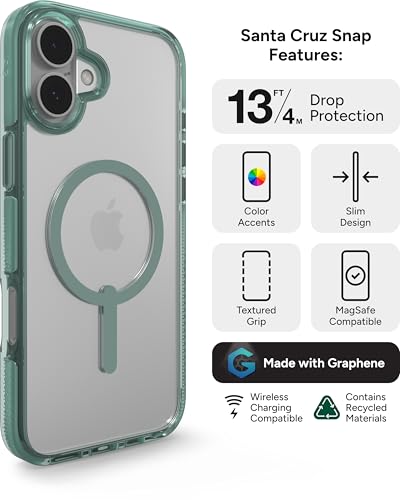 Image of ZAGG Santa Cruz Snap Case for iPhone 16 Plus Case - MagSafe Compatible, 13ft Military-Grade Drop Protection, Graphene Reinforced, Lightweight, 70% Recycled Content, Clear with Color Accents, Green