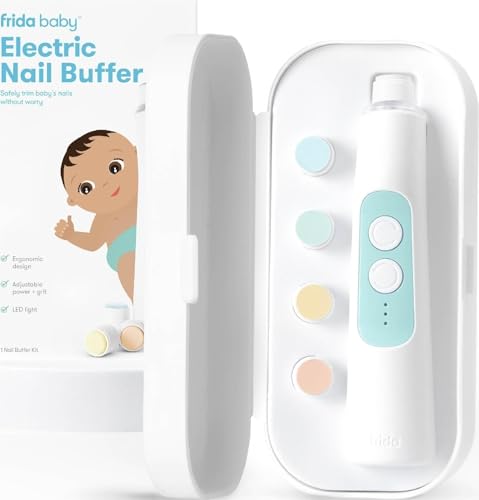 Image of Frida Baby Electric Nail Buffer, Safe Baby Nail File & Trimmer Kit, White | For Newborn & Toddler Fingernails and Toenails, 4 Buffer Pads, LED Light, Storage Case, White