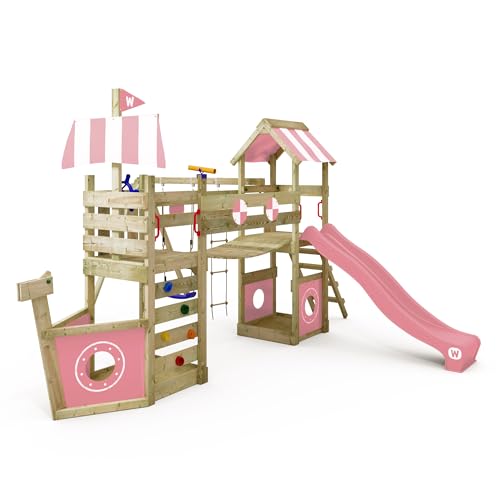 WICKEY Spielturm Klettergerüst StormFlyer mit Schaukel & Rutsche, Outdoor Kinder Kletterturm mit Sandkasten, Leiter & Spiel-Zubehör für den Garten (Pastellpink)