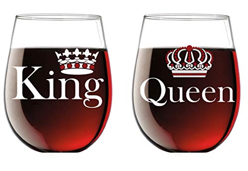 King and Queen – Juego de copas de vino de cristal sin tallo de 15oz para prometida, compromiso, boda, aniversario, regalo para pareja, novio, novio, boda