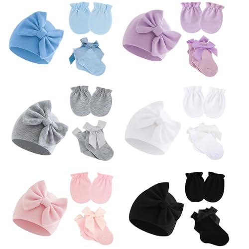 Image of MKYSZLT 6 Pack Preemie Hats Mittens and Socks Set,Newborn Cotton Bow Caps and No Scratch Preemie Mittens Socks for Infant Baby Girl New Born 0-6 Months