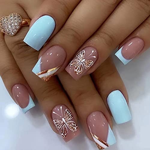 Medium Square Press On Nails French Tip Fake Nails Glossy Glue On Nails Full Cover False Nails Acrylic French Line Butterfly Designs Manicure Decorations Accessories For Women 24Pcs #TOP23
