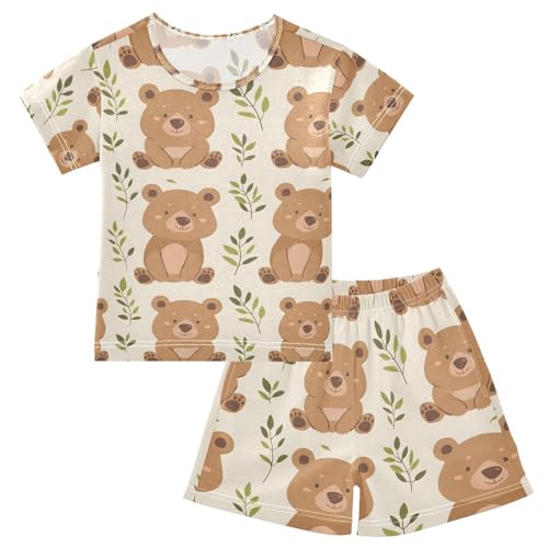 ALAZA Cute Cartoon Bear Pajamas Set Short Sleeve Cotton Sleepwear Summer Pjs 2 Piece 5-14Y