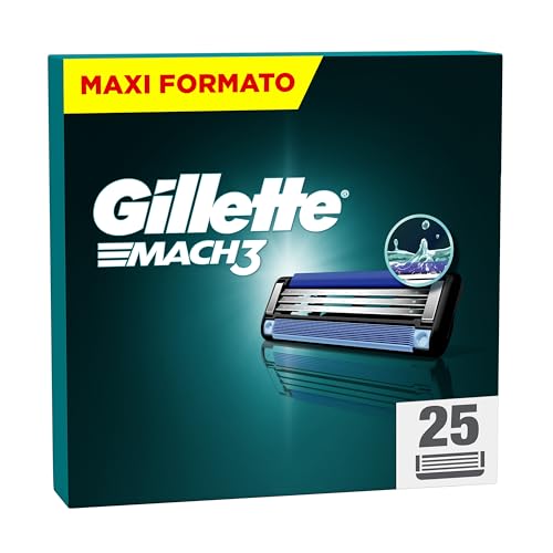 Gillette Mach3 LAMETTE DA BARBA, 25 RICAMBI (da 3 Lame), Microaletta Protettiva, Ottimo Scorrimento con STRISCIA LUBRIFICANTE, Fino a 15 RASATURE con 1 LAMETTA