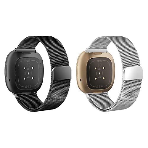 WIGERLON (2 PACK) Compatible Fitbit Versa 3/Fitbit Sense band for Women and Men,Stainless Steel Mesh Replacement metal bands for Fitbit Sense/Fitbit Versa 3 Black and Silver