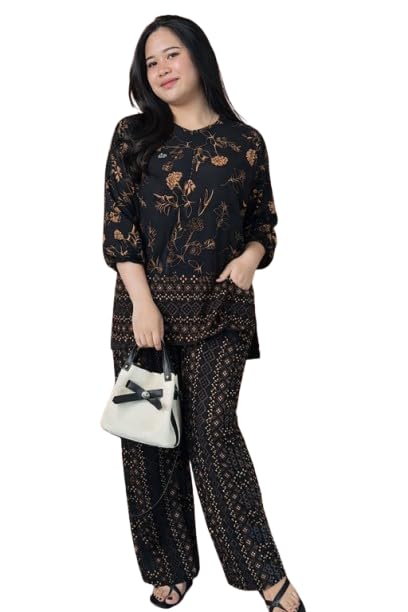 Women's Batik Print Co-ord Set, Black Floral Top and Wide-Leg Pants-picture-24