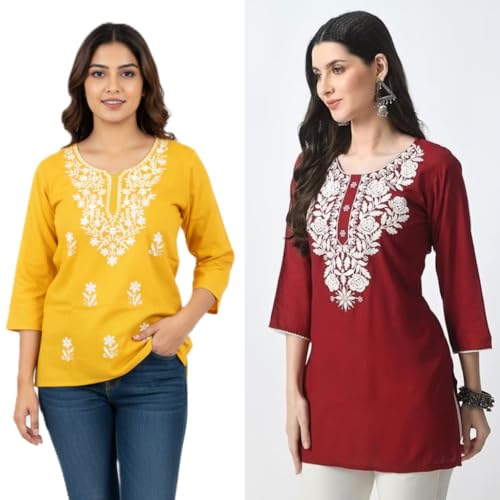 Image of Women's Rayon Kashmiri Embroidered Short Kurti | Stylish and Comfortable Kashmiri Short Kurti Tops for Casual Or Special Occasions | Pack of 2 Combo |