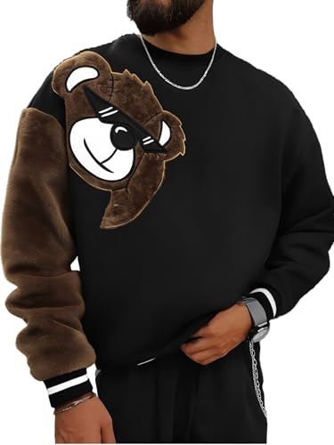 GORGLITTER Men's Bear Pattern Long Sleeve Sweatshirts Drop Shoulder Crewneck Pullover Tops