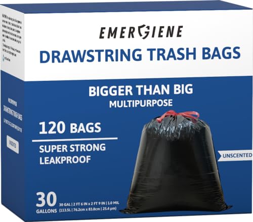 Emergiene Ultra Strong 30 Gallon Drawstring Trash Bags, Unscented 120 Count Garbage Bags, Pre-Separated, Recycled Materials, Heavy Duty, Leakproof, Sturdy, Black
