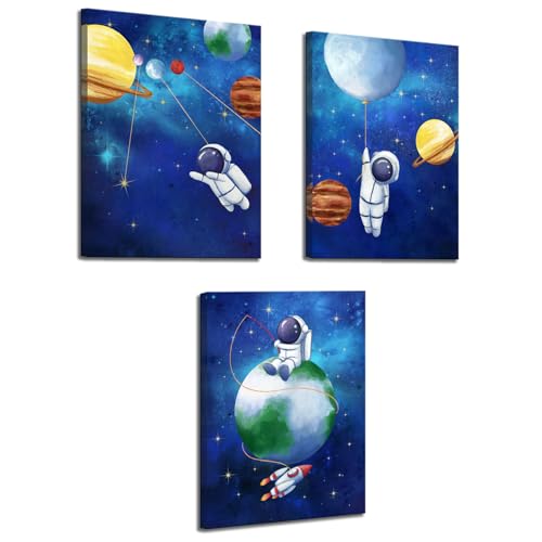 Image of Biuteawal Space Wall Art for Boys Girls Kids Bedroom Nursery Room Decor Funny Astronaut and Planet Canvas Painting Blue Astronomy Poster Picture Prints 3 Piece Artwork Framed