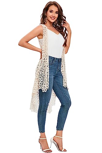Cefulnel Women'S Casual Long Crochet Vest Loose Fit Boho Lace Cover Up High Low Sleeveless Cardigan thumb #2