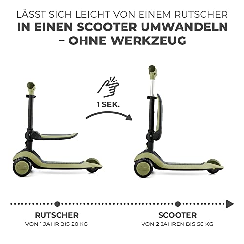 Kinderkraft Halley Scooter 2 in 1, Kinderroller ab 1 Jahr bis zu 50 kg, Tretroller, Dreirad Roller mit Klappbar Sitz, LED Räder, Höheverstellbare Lenker, Zusammenklappen, Modernes Design, Grün