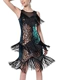IBAKOM Vestido de Baile Latino para Mujer, con Flecos, Lentejuelas, Flapper, Vestidos de Baile de salón de los años 20, con borlas, Disfraz de Baile de Salsa, Tango, Baile, Negro y Verde, Large