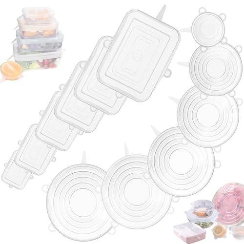 Tapas silicona ajustables cocina 12 uds redondas y cuadradas sello perfecto Sin BPA eco-amigables facilmente lavables solución versatil para Cocina y Almacenaje