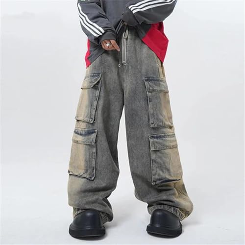 Men Street Wornout Workwear Multiple Pockets Jeans Casual Straight Leg Floor Pants Trousers Loose2