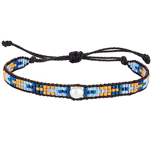 KELITCH Women Pearl Bracelets Wax Rope Wrap Bracelets Miyuki Beads Friendship Jewelry for Summer (Blue)