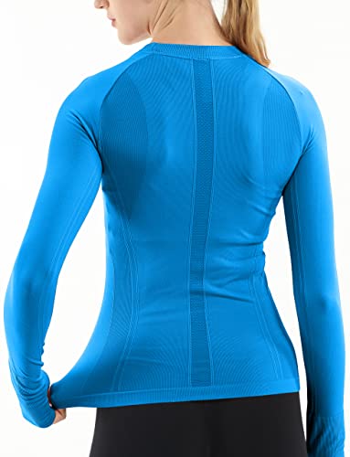 Image of MathCat Seamless Workout Shirts for Women Long Sleeve Yoga Tops Sports Running Shirt Breathable Athletic Top Slim Fit(X-Small,Blue04)