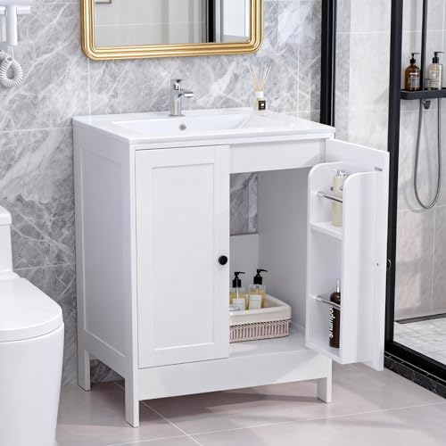VINGLI 24 Inch White Bathroom Vanity with Sink, Modern Freestanding Sink Vanity with Soft-Close Doors and Storage Shelves, White Bathroom Cabinet with Single Hole Ceramic Basin for Small Bathrooms