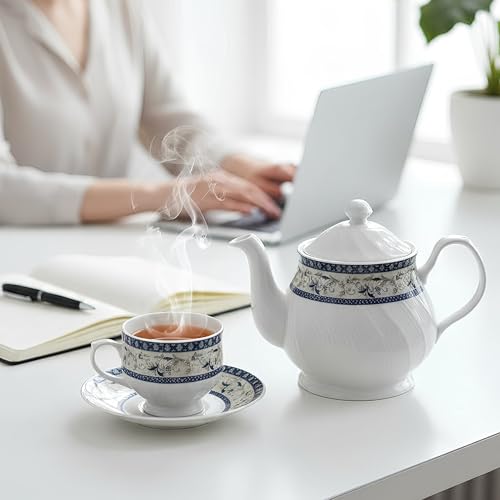 Image of U.P.C. Tea Set With Kettle And Saucer For 6 Servings, 15 Piece Ceramic Tea Service Set Including 6 Cups, 6 Saucers, 1 Kettle, 1 Milk Pot, 1 Sugar Pot, 800 Milliliters Capacity
