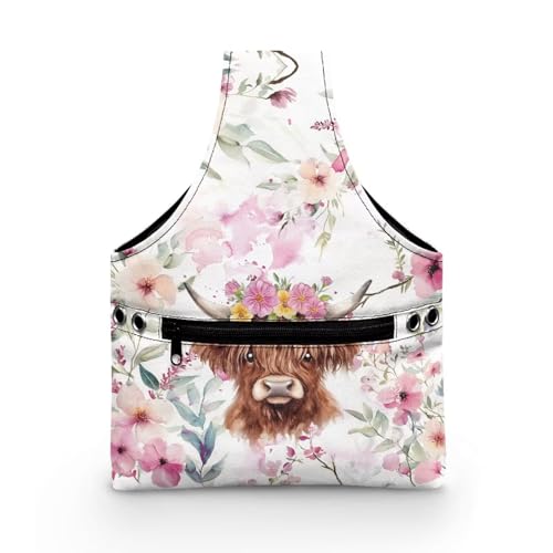Image of ZUXONGSY Highland Cow Crochet Yarn Bag for Women Pink Floral Knitting Tote Bag for on The Go Travel Portable Knitting Project HanbBag for Crochet Hooks