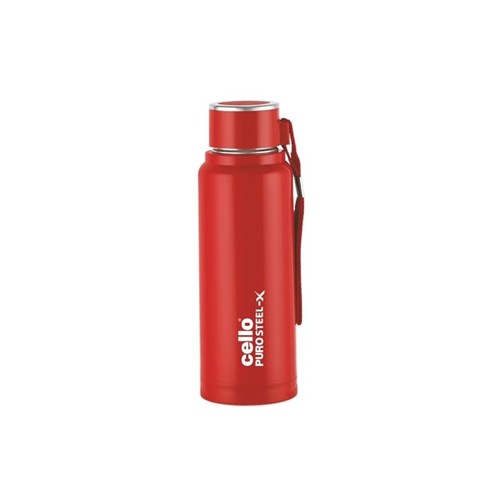 Cello Puro Steel-X Benz PU Insulated Water Bottle 410ml, Red | BPA Free, Leakproof, ISI Certified | Hot & Cold Bottle for Gym, Office, College, Travel, Outdoor Sports & Yoga with Carry Loop