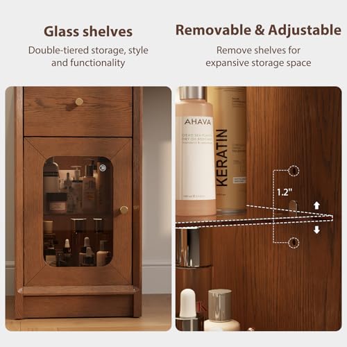 Image of AnywaysWood Luxury 100% Solid Wood Vanity Desk Mid-Century Modern Wooden Makeup Table with Glass Top & Ambient Light, 2-in-1 Vanity and Nightstand with Storage Cabinet for Bedroom (Desk)