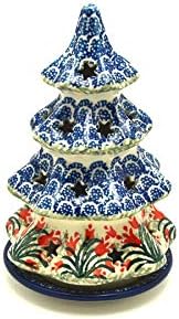 Polish Pottery Christmas Tree Luminary - Medium (7") - Crimson Bells