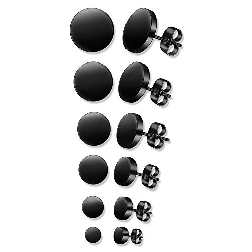 6Paires Noir Plaine Plat Ronde Boucles d'oreilles pour Homme Femme Garçons - Noir Clous d'oreille - Acier Inoxydable - 3mm-8mm