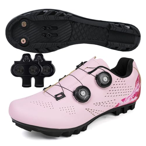 Treer - Treer Chaussure VTT Hommes Chaussures Velo 36-47 EU Chaussures de Cyclisme Homme et Femmes VTT Velo avec Crampons Antidérapants Semelle Dure (Rose,46)