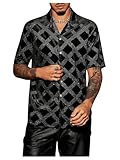 WDIRARA Men's Rhinestone Plaid Button Down Shirt Short Sleeve Collar Neck Summer Shirts Black Large