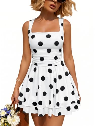 Image of Trendy Queen Women Mini Summer Party Homecoming Beach Vacation Sun Dresses | Birthday Square Neck Flowy Short Sundress, 2026 Cruise Outfits, Athletic Cute Clothes, Date Night Club Resort Wear