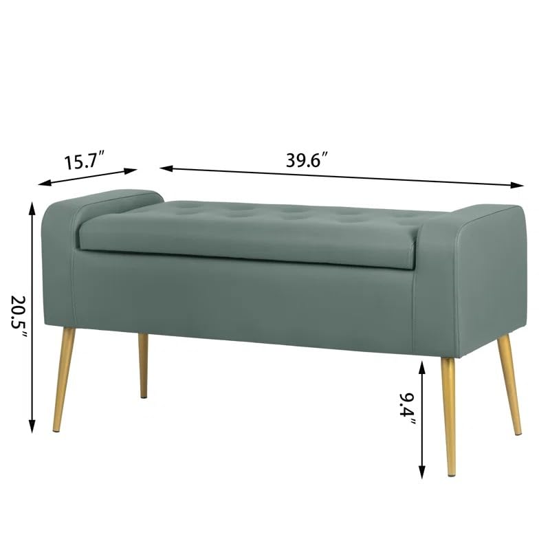 Image of Upholstered Ottoman Bench with Gold Metal Legs for Bedroom & Living Room | 2 Seater Tufted Entryway Bench Sofa with Storage Look | Modern End of Bed Seating Bench, Compact Footrest Stool, Sage Green