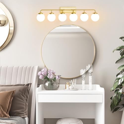 Image of Bathroom Light Fixtures 45.3in 6-Light Brushed Gold Vanity Light for Mirror | Bathroom Lighting Fixtures over Mirror, ETL, Brushed Brass Wall Sconce, Dimmable E12 Base Max 60W, Milky Glass Ball Shades