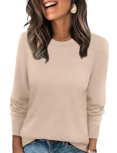 WIHOLL Tops for Teachers Womens Sweaters Lightweight Long Sleeve Shirts Crewneck Early Fall Fashion Clothing Business Casual Outfits for Women Apricot L