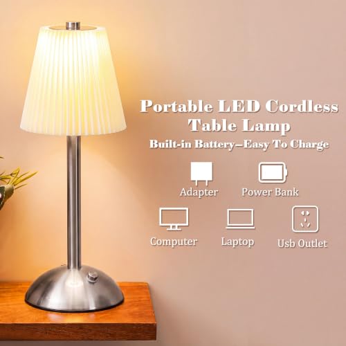 Image of Liliful 2 Pcs Cordless Table Lamp Rechargeable Touch LED Small Gold Portable Battery Operated USB-c Desk Lamp 3 Color Dimmable for Bedroom Living Room Dining (Silver,Beige Cloth Style)