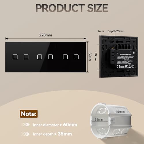 BSEED Smart Touch Lichtschalter,Glas Schalter Unterputz,Wandlichtschalter mit LED Hintergrundbeleuchtung,Neu E-Serie,16A 250V,2 Fach 1 Weg,228mm Schwarz