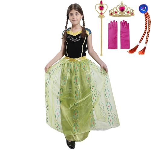 Carnavalife Vestido Disfraz Frozen Anna para Niñas, Anna de Cuento de Hadas con Corona, Trenzas y Accesorios, Ideal para Halloween y Carnaval (7-9, Costume+Princess Set)
