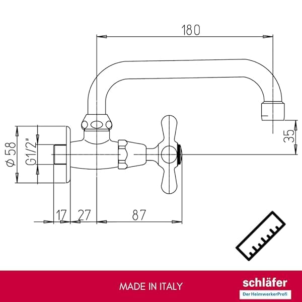 Schläfer 3460310 - Grifo de cocina de pared individual para fregadero con perilla vintage, grifo de pared de agua fría para lavabo, grifo de pared 1/2 antiguo boquilla giratoria en U 180 mm, cromo