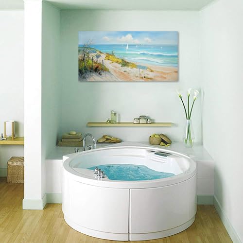 Arjun Ocean Wall Art Canvas Coastal Beach Painting Blue Landscape Picture Sailboat Textured Large Artwork Framed for Living Room Bedroom Bathroom Wall Decor, 40"x20" - Image 5