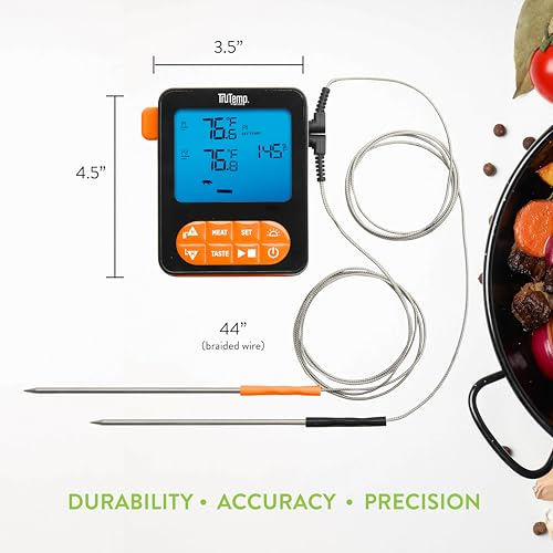 Image of Taylor TruTemp Dual Probe Wired Programmable Meat & Food Thermometer, Digital, Monitor Two Dishes, Baking, Grilling, Roasting, User-Friendly, Backlit, Orange