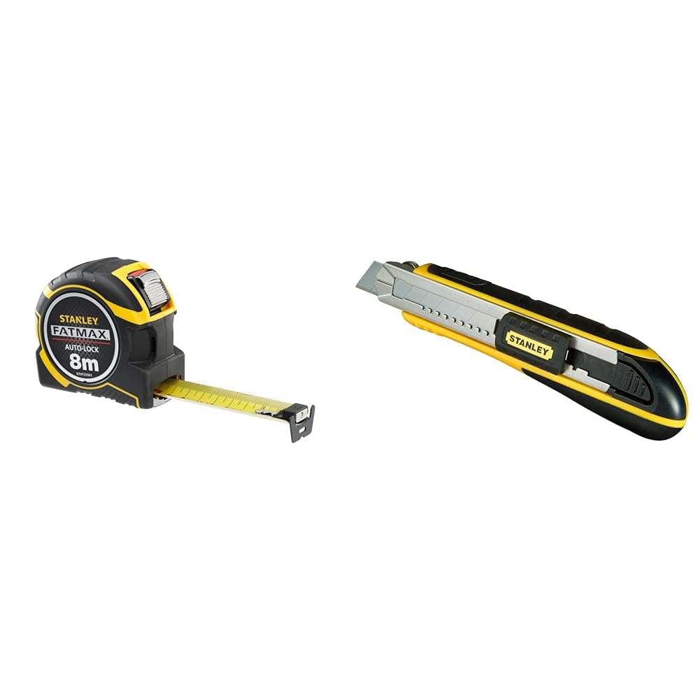 STANLEY Mesure Auto Lock 8 M x 32 mm - Ruban Large - Traitement Mylar et Blade & STANLEY FATMAX Cutter à Cartouche - Chariot en Acier Inoxydable, 6 Lames 18 mm Incluses, Robuste et Ergonomique