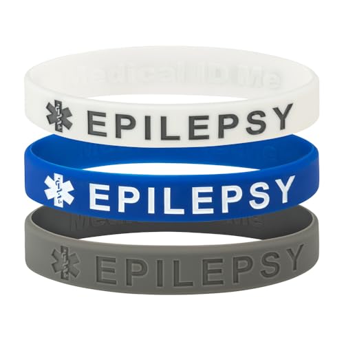 Medical ID Me - Lot de 3 bracelets d'alerte médicale en silicone pour sensibilisation à l'épilepsie (grande taille 20 cm (adulte))